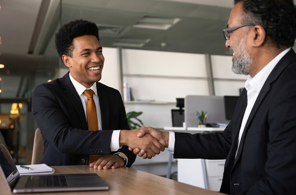 Hyperion team members shaking hands with a client
