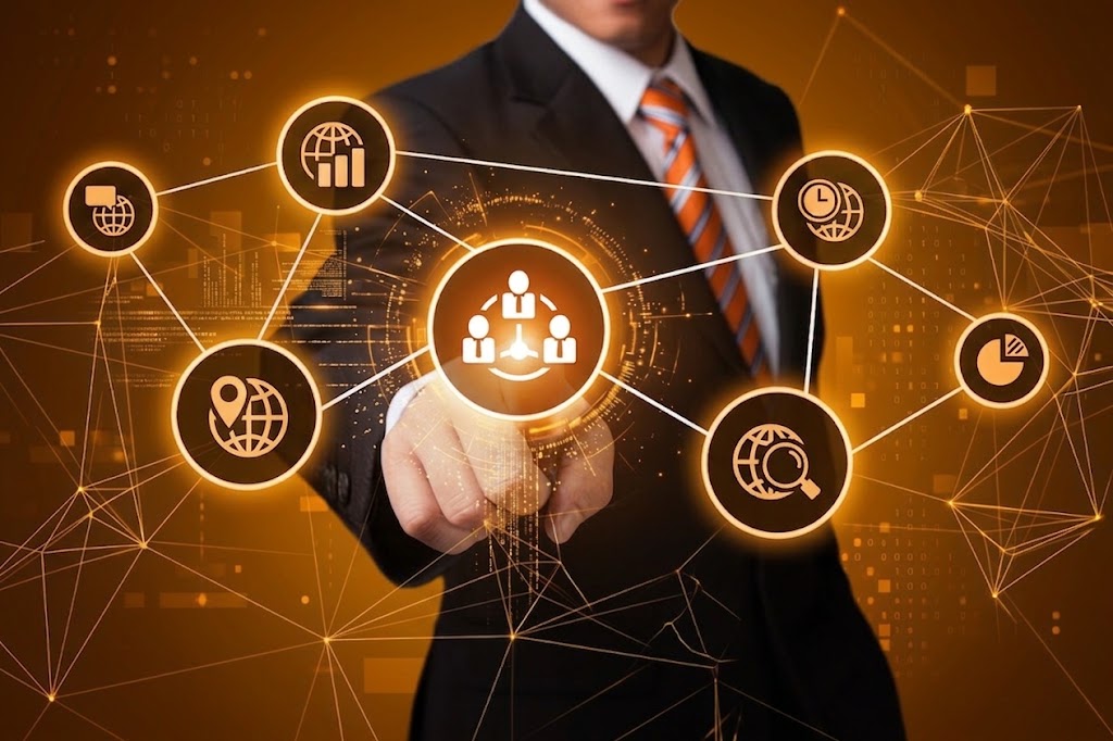 Business professional interacting with a connected digital solutions overview