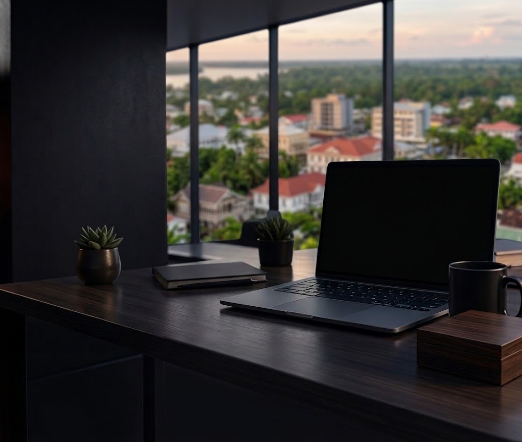 Modern office overlooking the Georgetown, Guyana skyline at dusk