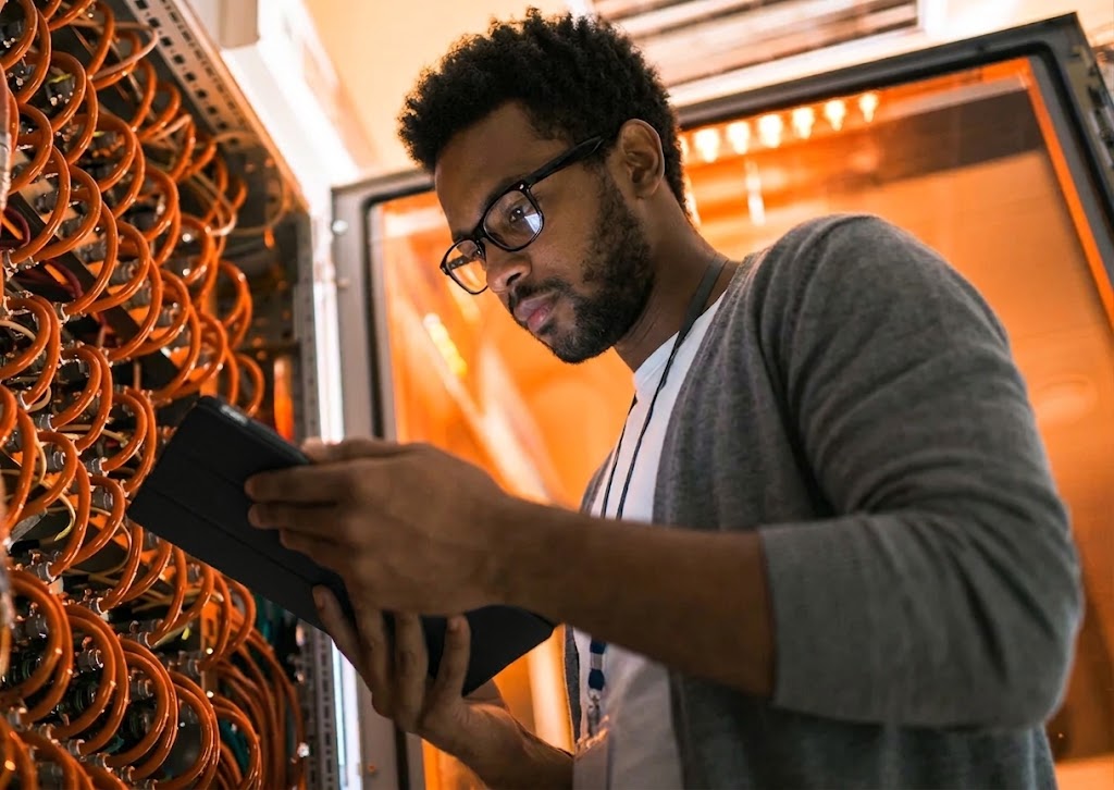 IT technician servicing network hardware in a server rack